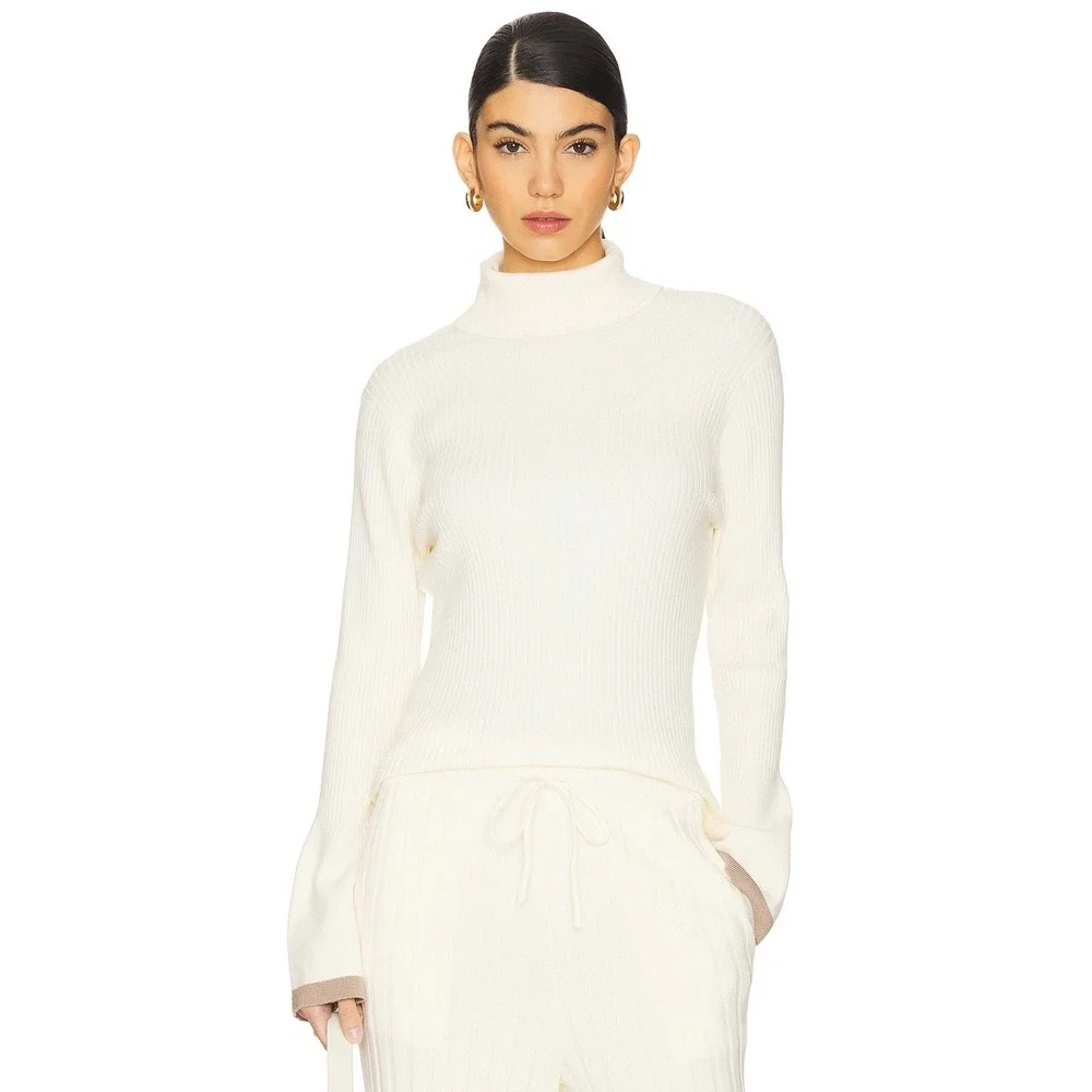 Varley Womens Ravena Rib Knit Turtleneck Top Sweater Cream Taupe Trim L Orig 128